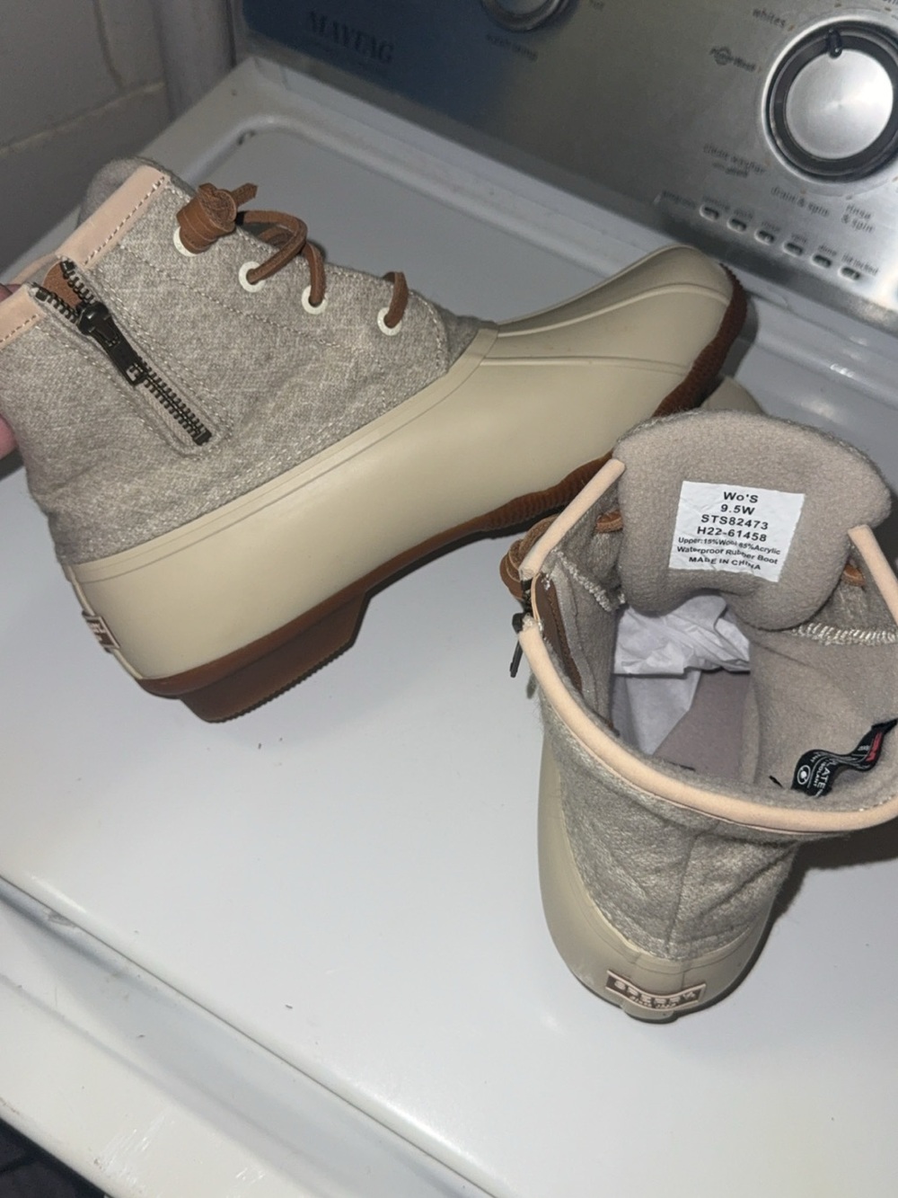 Sperry Beige Wool Cuff Duck Boots with Brown Laces - Picture 3 of 4